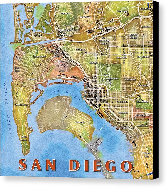 651x734 San Diego Watercolor Map Canvas Print Canvas Art By Paul Hein - San Diego Watercolor
