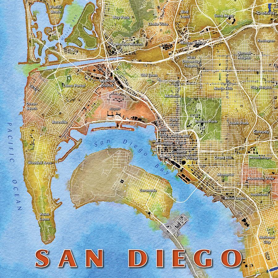 900x900 San Diego Watercolor Map Digital Art By Paul Hein - San Diego Watercolor