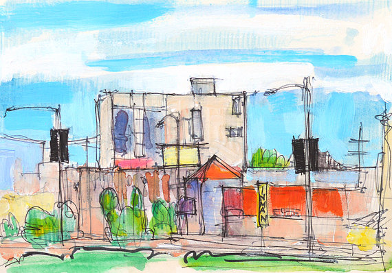 570x398 Hillcrest Street View San Diego Watercolor Painting Watercolors - San Diego Watercolor
