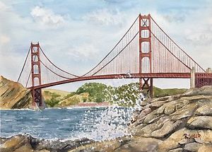 300x215 R. Sheer Original Watercolor Painting, Golden Gate Bridge, San - San Francisco Watercolor