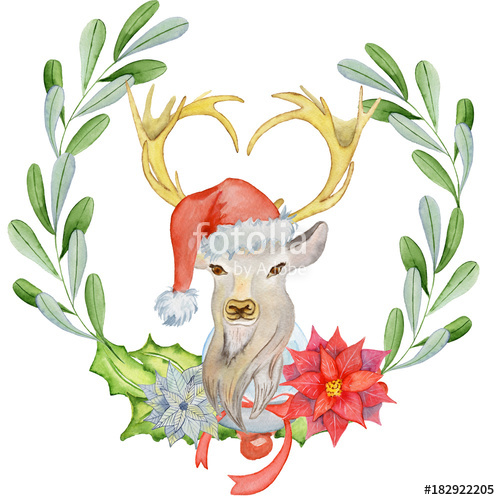 500x500 Christmas Deer In Santa Hat Watercolor Illustration With Floral - Santa Hat Watercolor