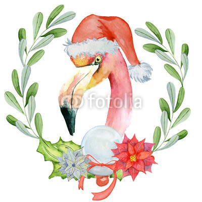 400x400 Christmas Pink Flamingo In Santa Hat Watercolor Illustration Buy - Santa Hat Watercolor