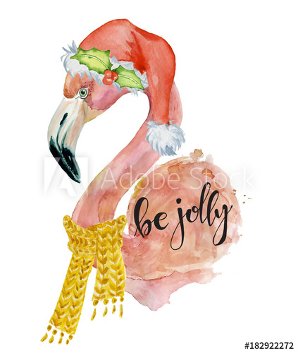 423x500 Christmas Pink Flamingo With Winter Decorations, Santa Hat, Yellow - Santa Hat Watercolor