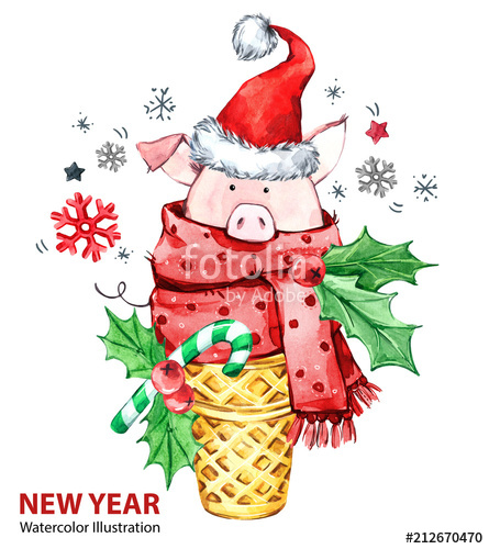 445x500 2019 Happy New Year Illustration. Christmas. Cute Pig With Santa - Santa Hat Watercolor