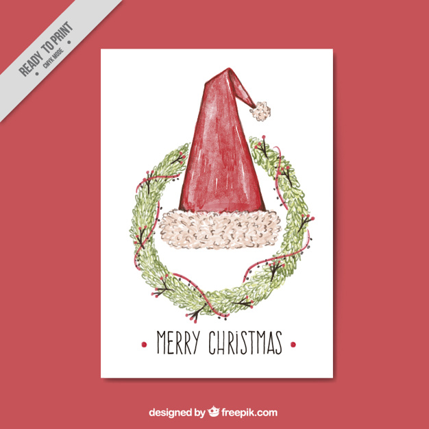 626x626 Fantastic Watercolor Greeting Card With Santa Hat And Wreath - Santa Hat Watercolor