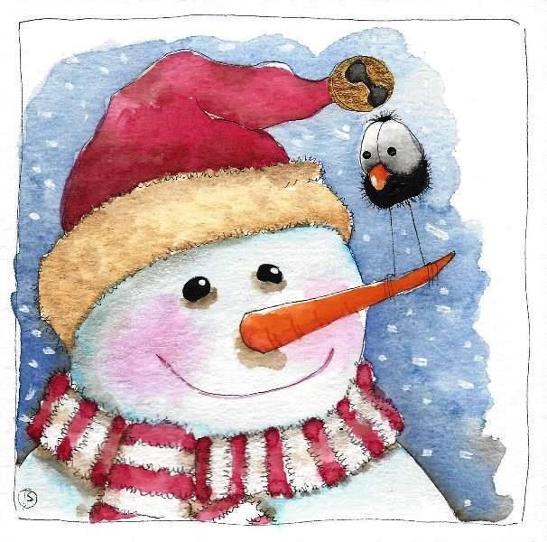 606x600 Original Watercolor Painting Whimsical Glitter Snowman Bird Santa - Santa Hat Watercolor