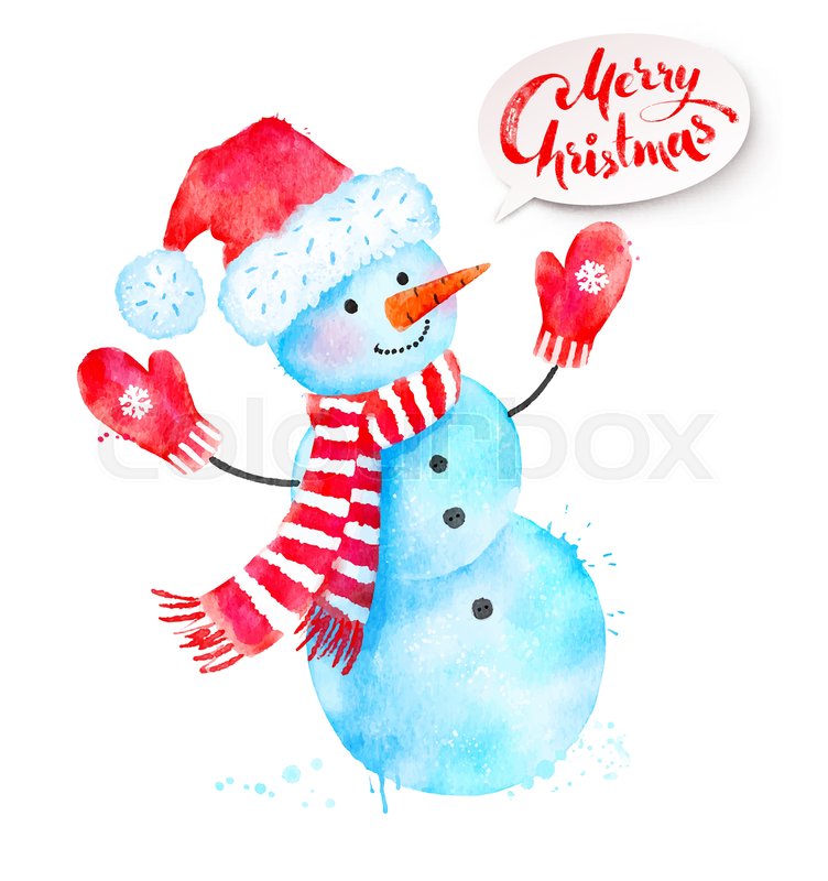 752x800 Vector Christmas Watercolor Illustration Of Snowman Wearing Santa - Santa Hat Watercolor