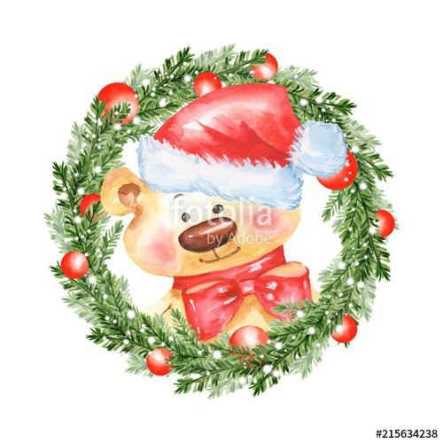 500x500 Watercolor Illustration. Christmas Fir Tree Wreath And Teddy Bear - Santa Hat Watercolor