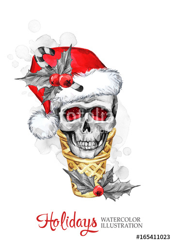 357x500 Watercolor Illustration. Hand Painted Waffle Cone With Skull In - Santa Hat Watercolor