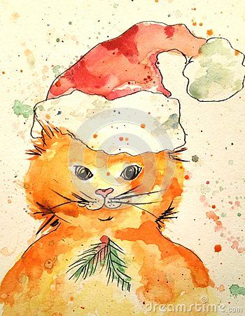 350x450 Cat In A Santa Hat Illustration Watercolors, Cats - Santa Hat Watercolor