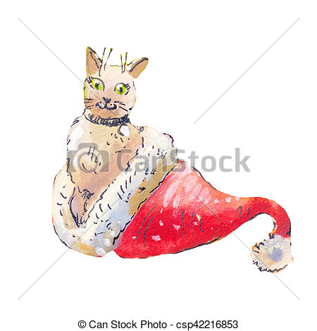 450x470 Cat In A Santa Claus Hat. Watercolor Illustraton Isolated On White - Santa Hat Watercolor