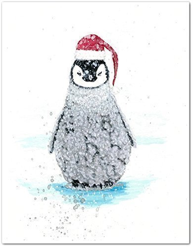 390x500 Christmas Baby Penguin Santa Watercolor Art Print - Santa Watercolor