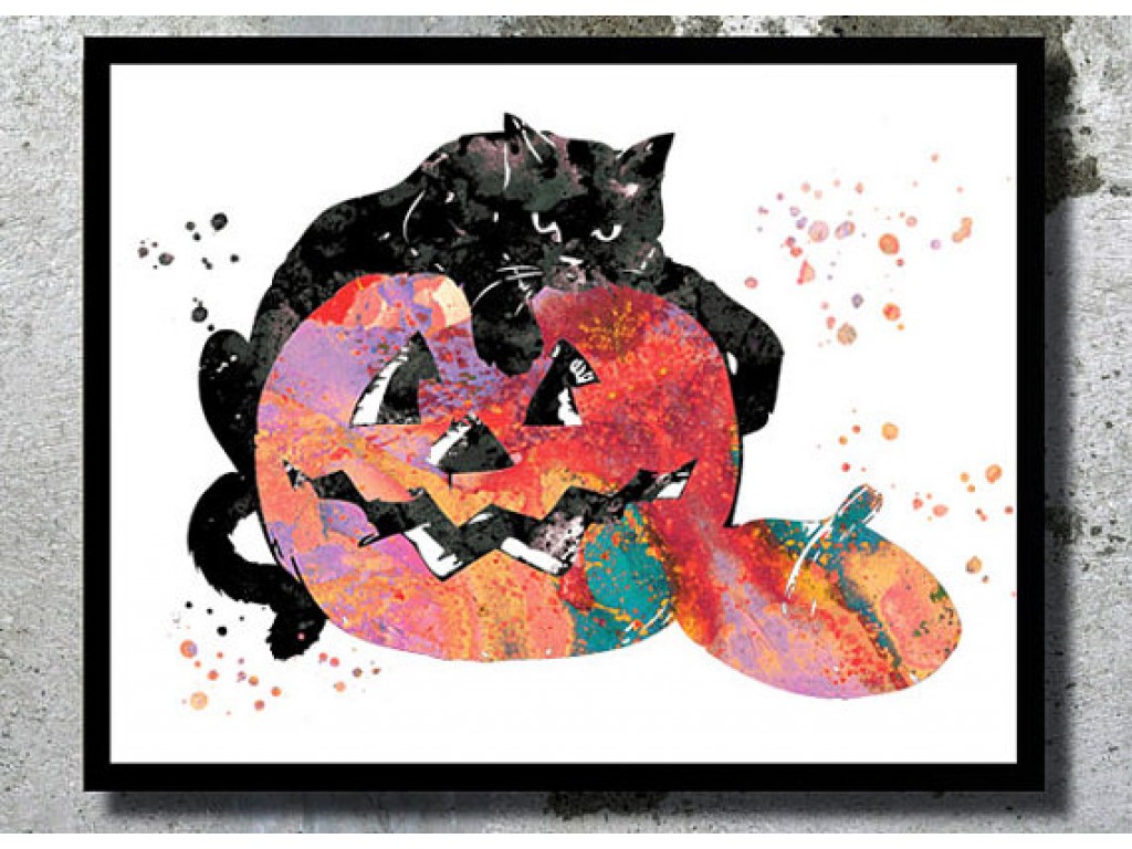 1024x768 Halloween Decor Pumpkin Black Cat Watercolor Art Print Cat - Scary Watercolor