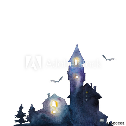 500x500 Watercolor Scary House. Halloween Painting Illustration. Holiday - Scary Watercolor