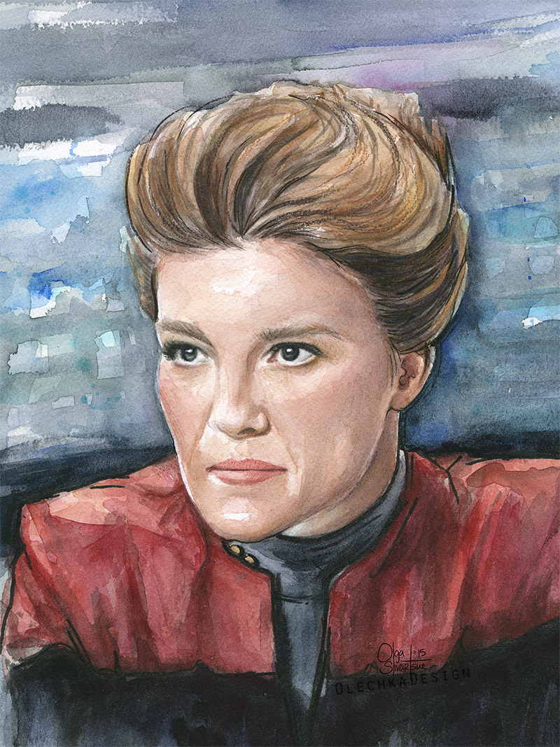 800x1067 Janeway Voyager Portrait Watercolor Star Trek Art - Sci Fi Watercolor