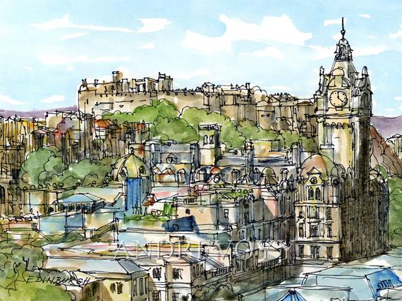 570x427 Edinburgh Scotland Art Print From An Original Watercolor Etsy - Scotland Watercolor