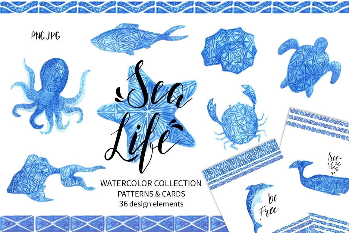 1158x772 Sea Life.watercolor Collection. - Sea Life Watercolor