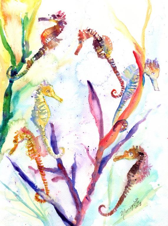 570x765 Seahorse Painting Watercolor Sea Horse Sea Life Watercolor Etsy - Sea Life Watercolor