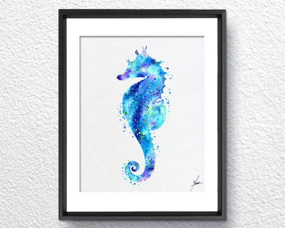 570x456 Aqua Seahorse Sea Life Watercolor Illustrations Wall Art Poster - Sea Life Watercolor