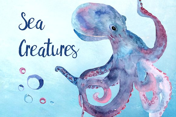 580x386 Watercolor Sea Creatures Clipart Set - Sea Watercolor