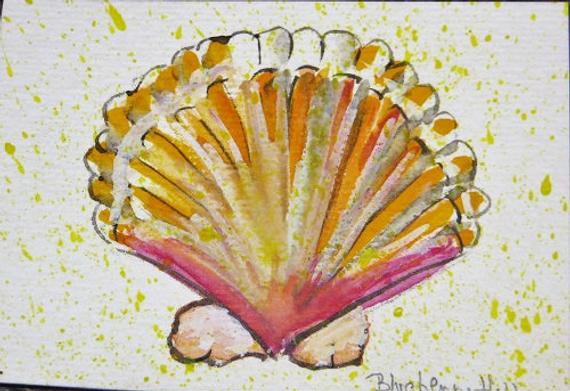 570x391 Aceo Original Seashell Watercolor Painting Seashell Painting Etsy - Seashell Watercolor