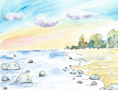 400x305 Original Watercolour Landscape Painting, Seaside Watercolor Art - Seaside Watercolor Paintings