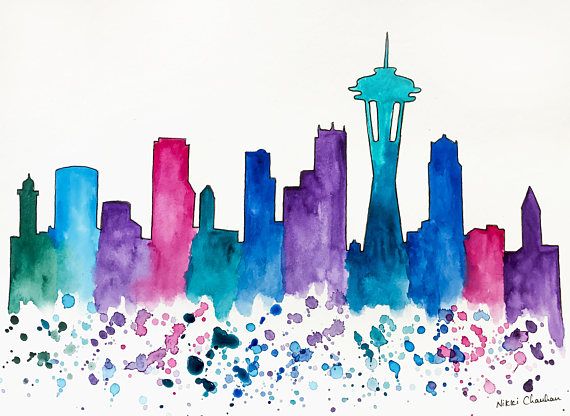 570x416 Seattle Skyline, Seattle Art, Travel Art, Housewarming Gift - Seattle Skyline Watercolor