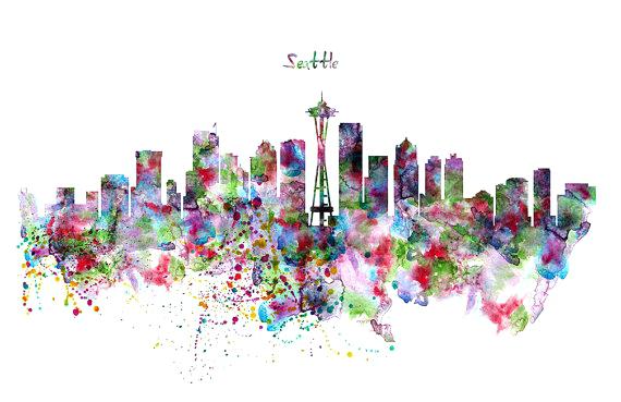 570x369 Seattle Skyline Art Silhouette Watercolor Painting City Poster - Seattle Skyline Watercolor