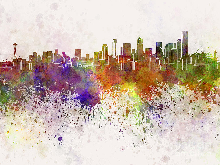 900x675 Seattle Skyline In Watercolor Background Painting By Pablo Romero - Seattle Skyline Watercolor