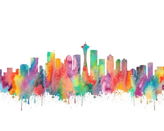 570x456 Seattle Skyline Print Seattle Watercolor Seattle Print - Seattle Skyline Watercolor