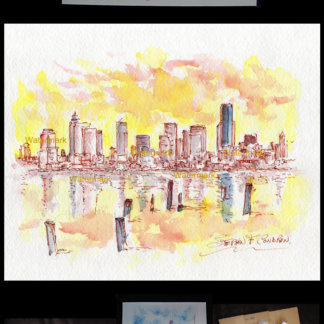 324x324 Seattle Skyline Watercolor Painting At Sunset For Sale ~ 879 - Seattle Skyline Watercolor