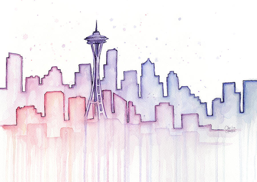 900x639 Seattle Skyline Watercolor Painting By Olga Shvartsur - Seattle Skyline Watercolor