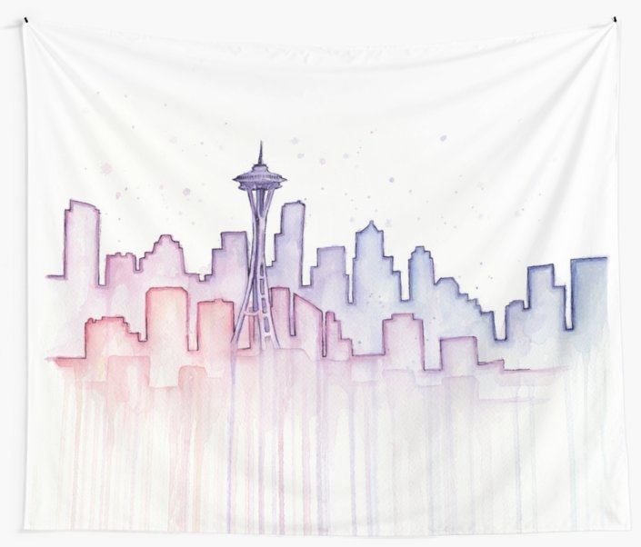 705x602 Seattle Skyline Watercolor Silhouette Wall Tapestries By Olga - Seattle Skyline Watercolor