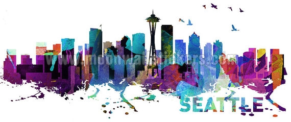 570x239 Seattle Skyline Watercolor Stickers - Seattle Skyline Watercolor