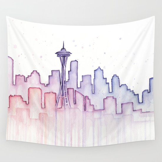 550x550 Seattle Skyline Watercolor Wall Tapestry By Olechka Society6 - Seattle Skyline Watercolor