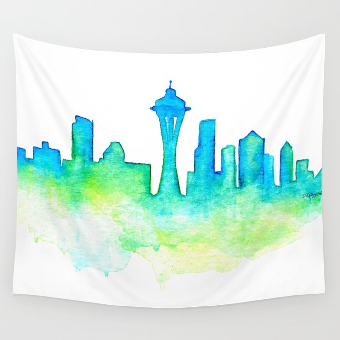 700x700 Seattle Skyline Watercolor In Blue And Green Wall Tapestry By - Seattle Skyline Watercolor