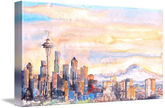 650x425 Seattle Skyline In Sunrise By Lisa Lu - Seattle Skyline Watercolor