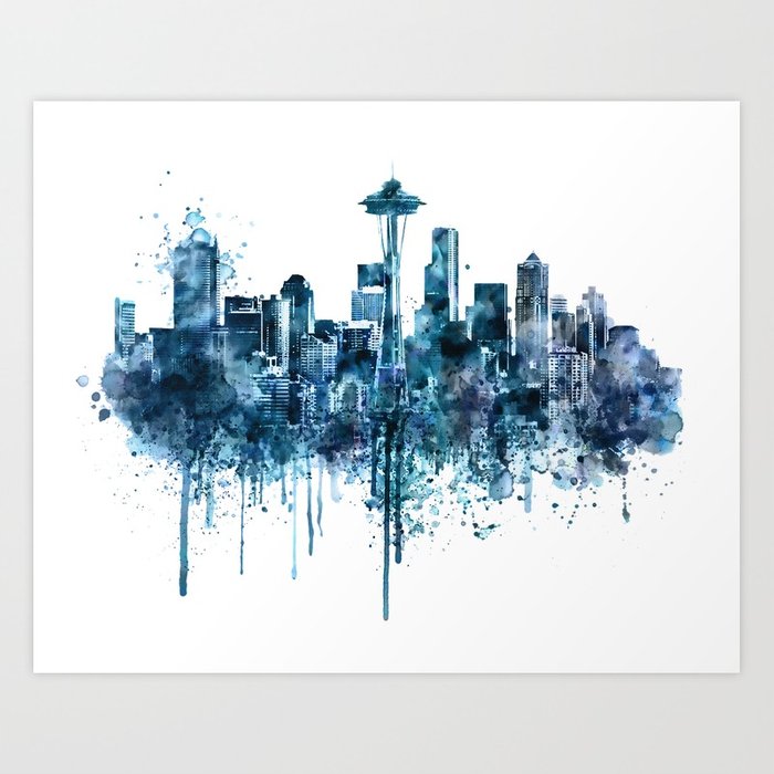 700x700 Seattle Skyline Monochrome Watercolor Art Print By Marianvoicu - Seattle Skyline Watercolor