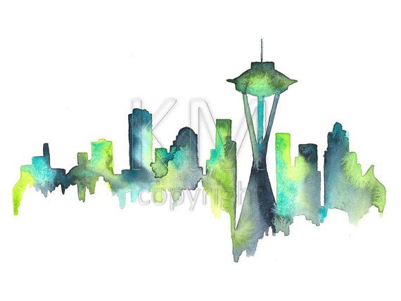 570x428 Watercolor Painting Seattle Washington Skyline Print Wall Art - Seattle Skyline Watercolor