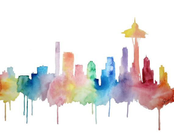570x456 Seattle Art Seattle Skyline Watercolor Space Needle Print Etsy - Seattle Skyline Watercolor