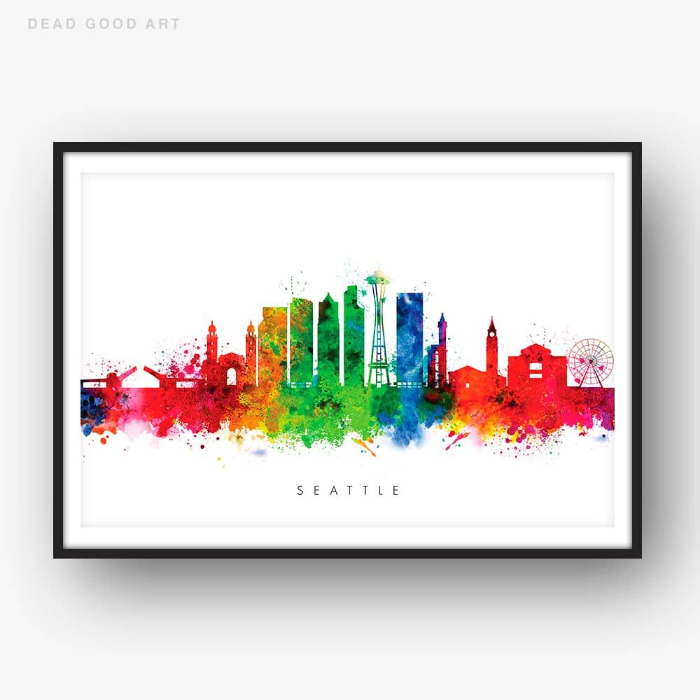 1000x1000 Seattle Skyline, Multi Color Watercolor Print Dead Good Art - Seattle Skyline Watercolor