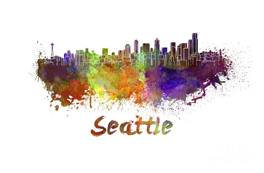 900x590 Seattle Skyline In Watercolor Painting By Pablo Romero - Seattle Watercolor