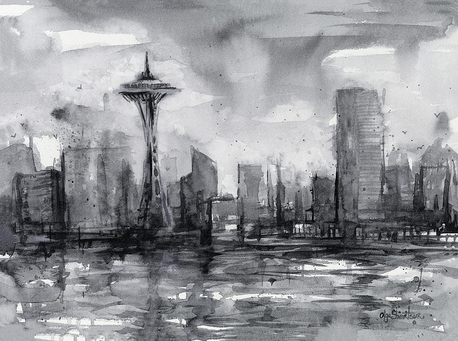 900x671 Seattle Skyline Painting Watercolor Painting By Olga Shvartsur - Seattle Watercolor
