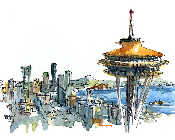 570x456 Seattle Space Needle Seattle Skyline Print From A Watercolor - Seattle Watercolor