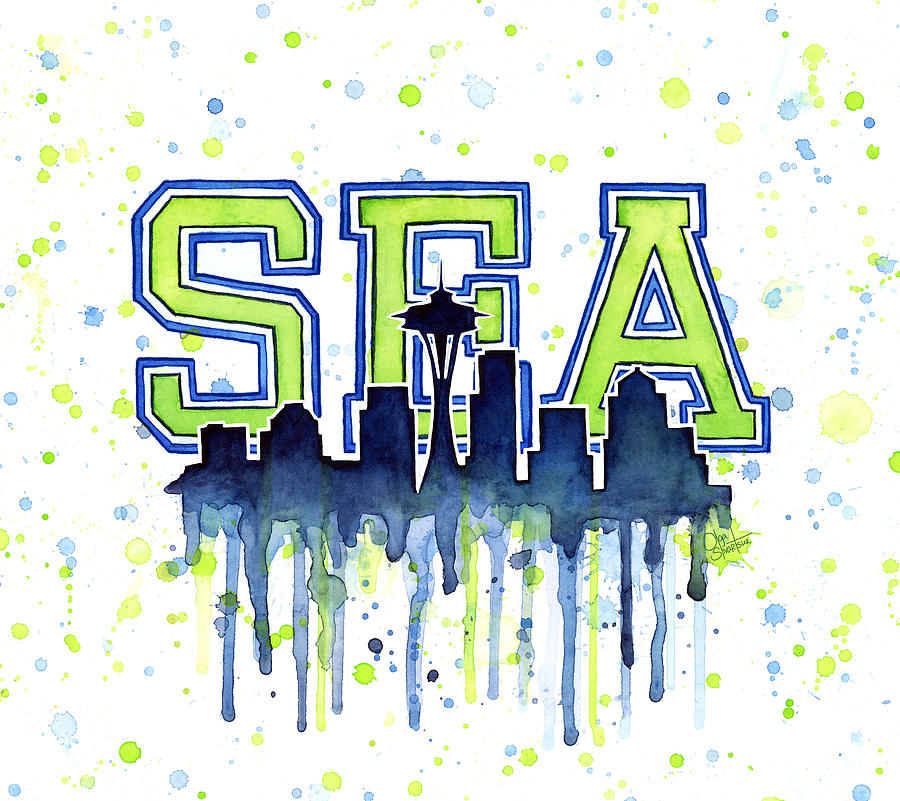 900x801 Seattle Watercolor 12th Man Art Painting Space Needle Go Seahawks - Seattle Watercolor
