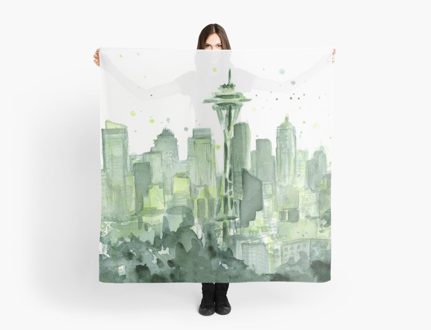 1411x1080 Seattle Watercolor Space Needle Skyline Scarves By Olga Shvartsur - Seattle Watercolor