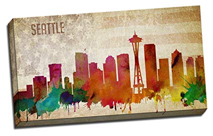 425x273 Seattle Watercolor City Skyline Modern Painting 20x36 - Seattle Watercolor