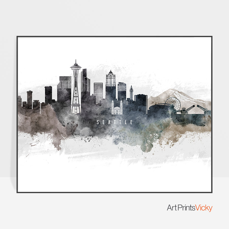 900x900 Seattle Art Poster Watercolor Artprintsvicky - Seattle Watercolor