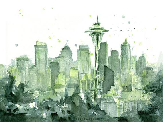 570x425 Seattle Art Seattle Watercolor Painting Seattle Art Print Etsy - Seattle Watercolor