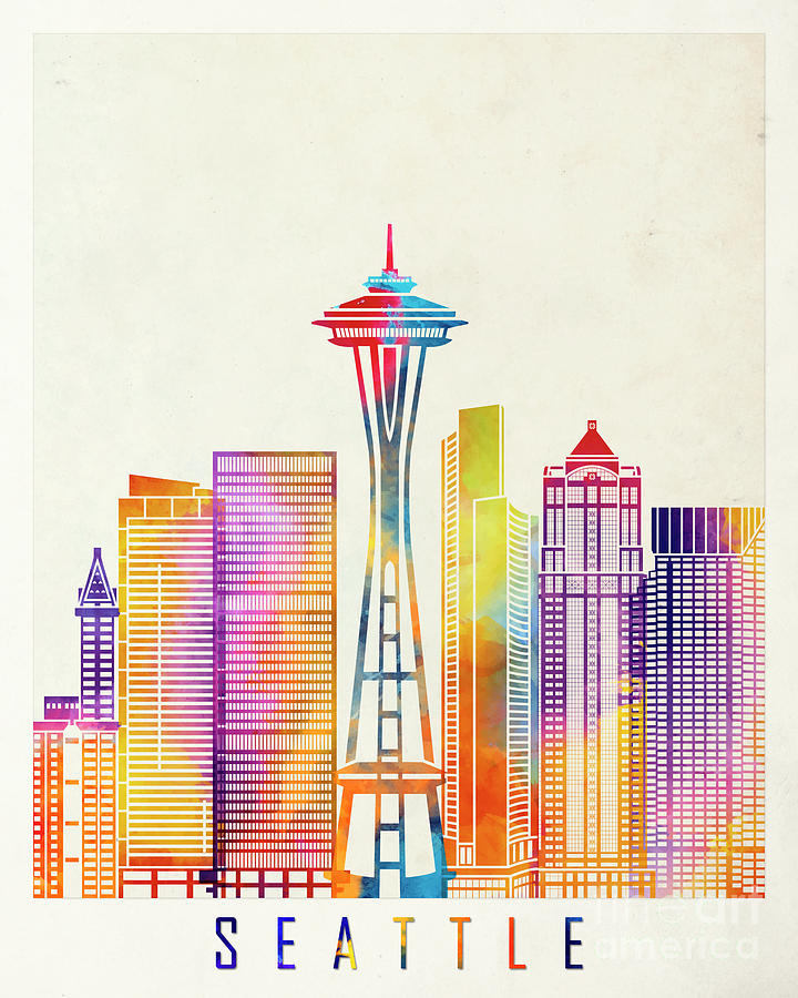 720x900 Seattle Landmarks Watercolor Poster Painting By Pablo Romero - Seattle Watercolor